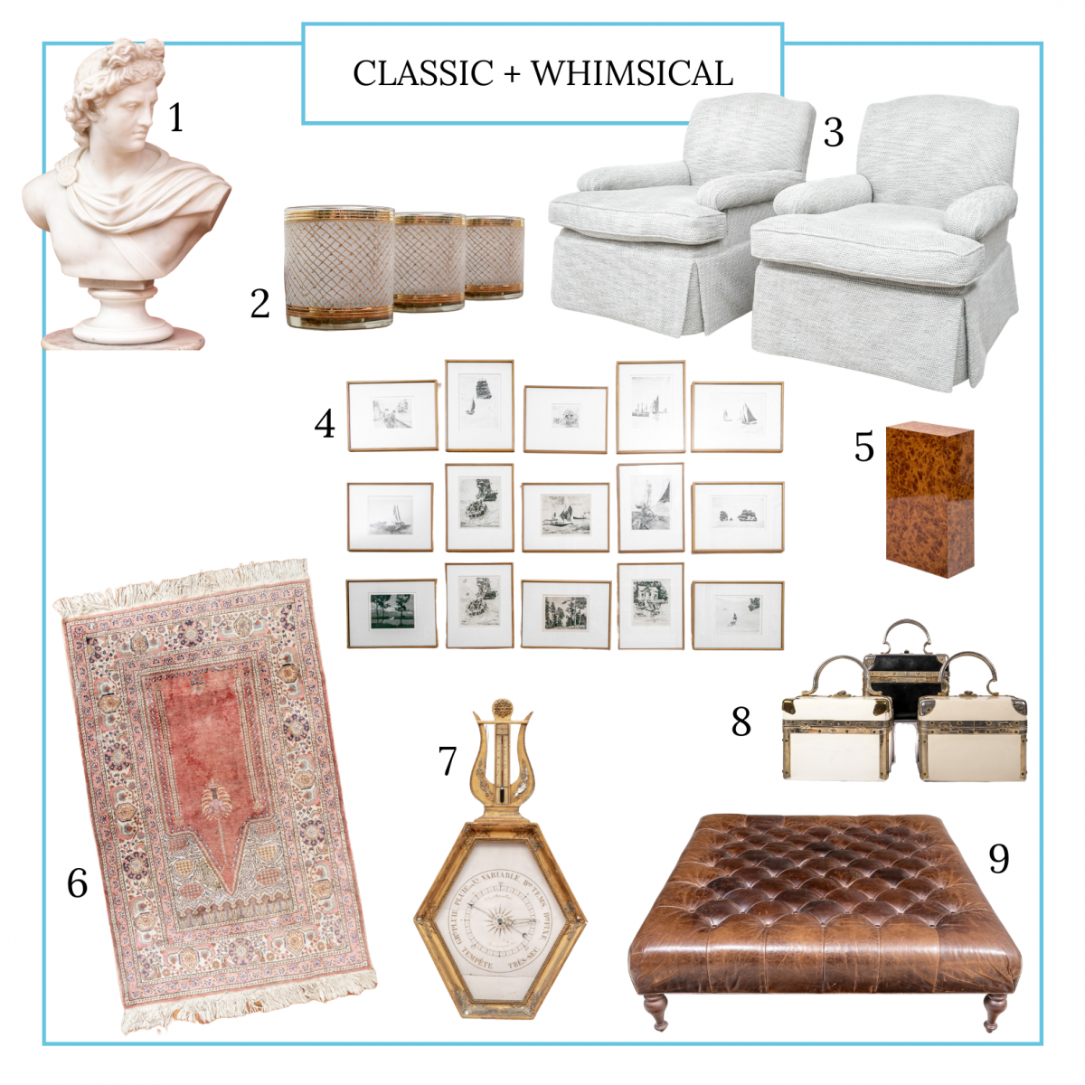 Nine assorted items make up Jocelyn's curation including a pair of upholstered armchairs, classic style bust, Persian rug, leather tufted ottoman, works of art and other decorative arts.